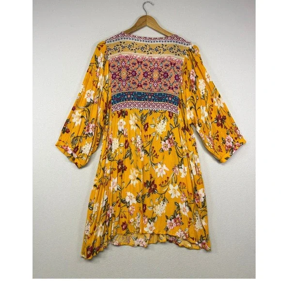 Boho Cottagecore Umgee Womens XL Mustard Yellow Floral Mixed Print Mini Dress - Picture 2 of 10
